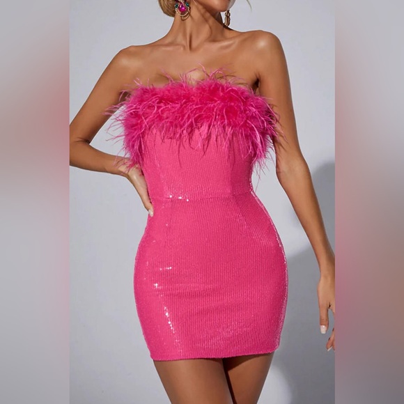 Tori Sequin Bandeau Feather-Trim Mini Dress - Picture 1 of 4